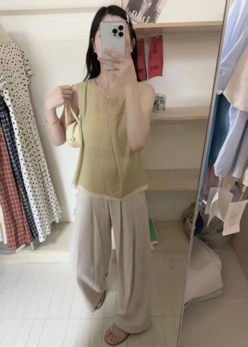 Huayuan Town Spliced ​​Lace Cotton and Linen Vest Women's 2024 Summer New Korean Style Round Neck Textured Top