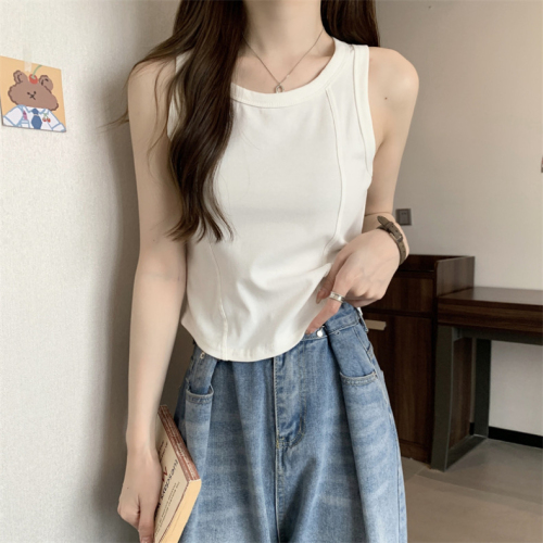 The first pure cotton ribbed simple U-neck I-shaped vest for women in summer Korean style design niche slim short style