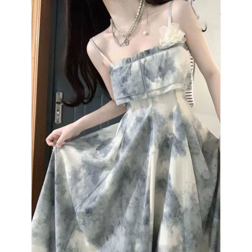 Sweet and spicy style tie-dye floral suspender dress for women autumn sleeveless ink painting waist long skirt for women