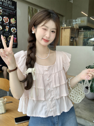 Actual shot of 2024 new summer Korean style loose square collar flying sleeves temperament cake doll shirt small shirt blouse