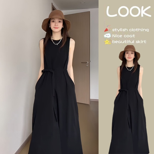 French Hepburn style high-end long skirt for women, chic and unique summer black back hollow sleeveless vest dress