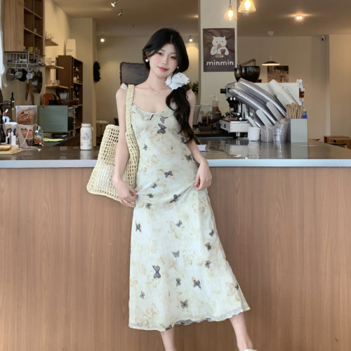 French ruffle butterfly print fungus dress summer temperament gentle holiday suspender A-line long skirt