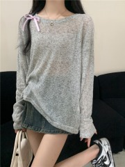 Real shot, real summer new design bow loose long-sleeved T-shirt sun protection shirt