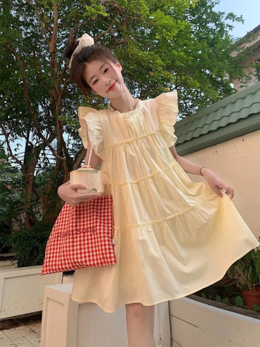 Sweet and gentle pink flying sleeve dress for women summer 2024 new style small loose slimming a-line short skirt