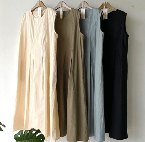 2024 Spring and Summer New Korean Style Minimalist Round Neck Pleated Loose Casual Sleeveless Vest Dress