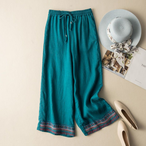 Falling cotton and linen embroidered wide-leg pants for women 2024 spring and summer new loose straight pants, versatile high-waisted slim casual pants