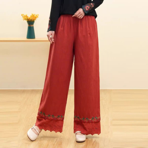 Summer new style cotton and linen nine-point pants wide-leg pants literary retro embroidered ethnic style loose slimming casual pants