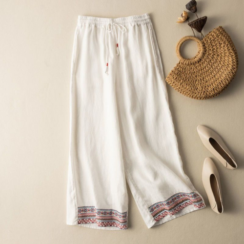 Falling cotton and linen embroidered wide-leg pants for women 2024 spring and summer new loose straight pants, versatile high-waisted slim casual pants