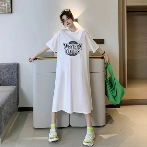 Summer fashion women's Korean style slit dress simple letter T-shirt dress