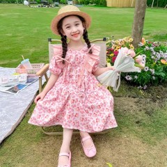 女童洋氣短袖夏季薄款花朵連衣裙女寶寶2024新款裙子可愛夏裝甜美