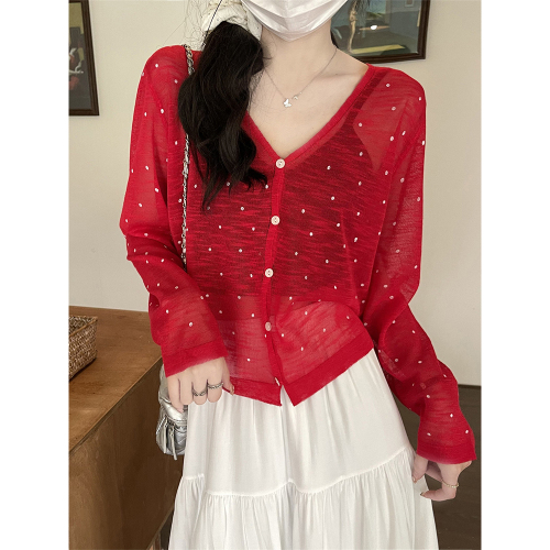 Actual shot of Korean linen ice silk polka dot sunscreen cardigan for women summer ultra-thin polka dot outer slimming top