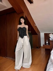 Real shot niche design striped sexy model top high waist wide leg casual pants linen pants