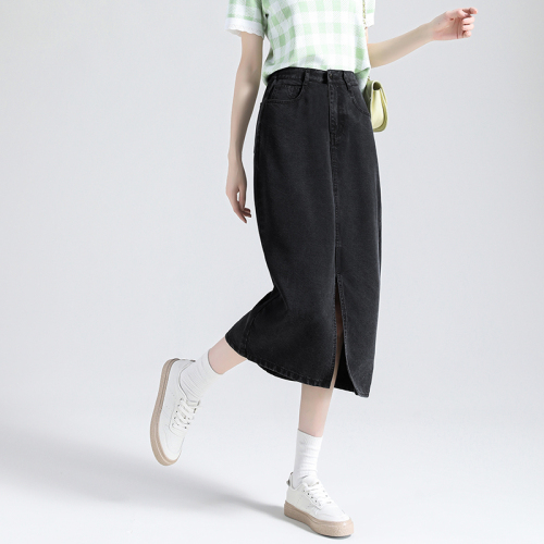 Real shot Lyocell Tencel mid-length skirt 2024 summer new black high-waisted semi-elastic slim and versatile skirt