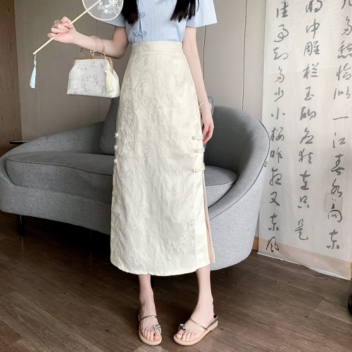 Video + Three Standards Retro Chinese Style High Waist Skirt Women's Slimming Hip Covering Solid Color Mid-Length A-Line Skirt