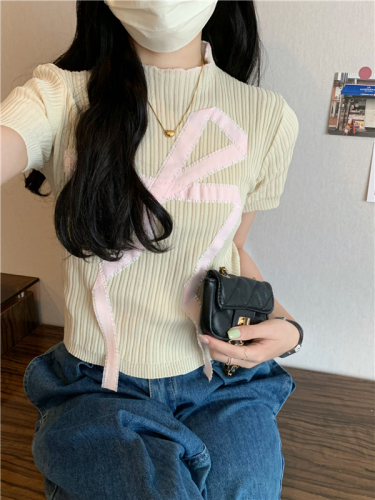 Real price contrasting color bow half turtleneck short-sleeved knitted sweet girl's unique and beautiful slim-fitting top