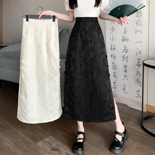 Video + Three Standards Retro Chinese Style High Waist Skirt Women's Slimming Hip Covering Solid Color Mid-Length A-Line Skirt