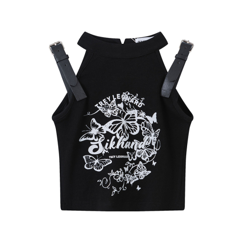 Modal American hot girl butterfly print leather buckle off-shoulder tank top T-shirt for women