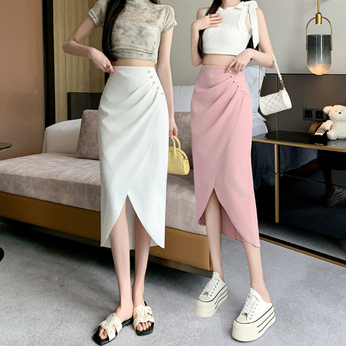 Video + Three Standards Irregular lady mid-length skirt Korean style niche pleated solid color slit skirt