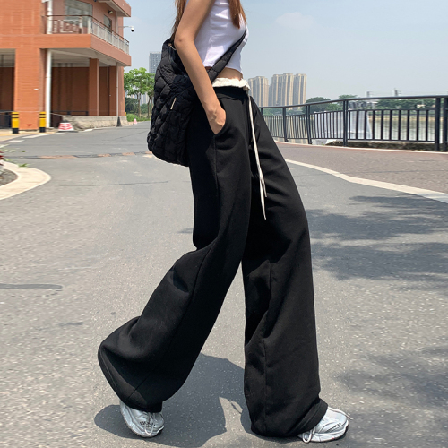 Actual shot of retro black spliced ​​loose wide-leg pants, drapey floor-length pants, straight-leg casual pants for women & longer trousers