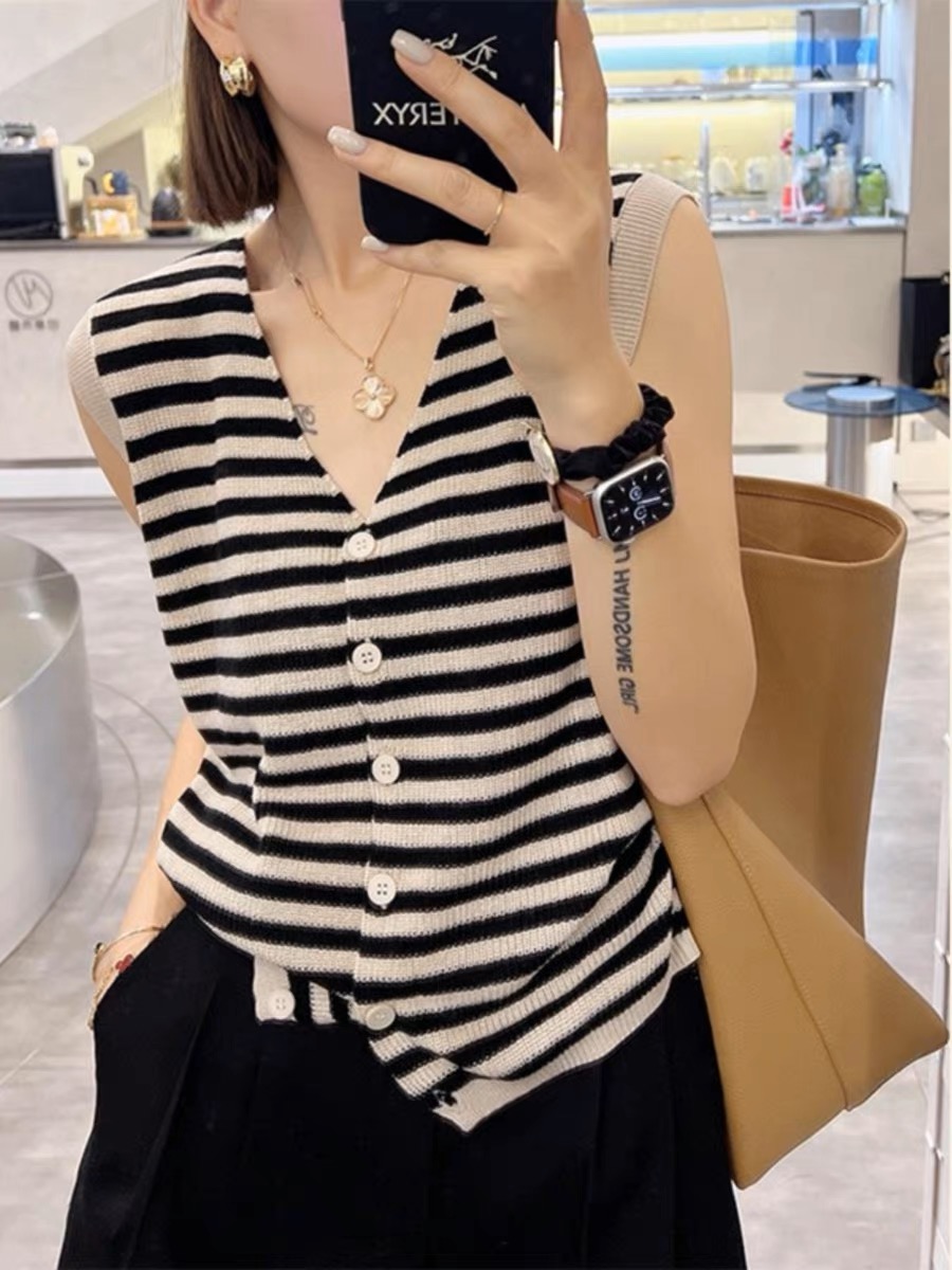 2024 new wide shoulder vest, sweet short and beautiful sleeveless top for women, summer right shoulder v-neck striped t-shirt