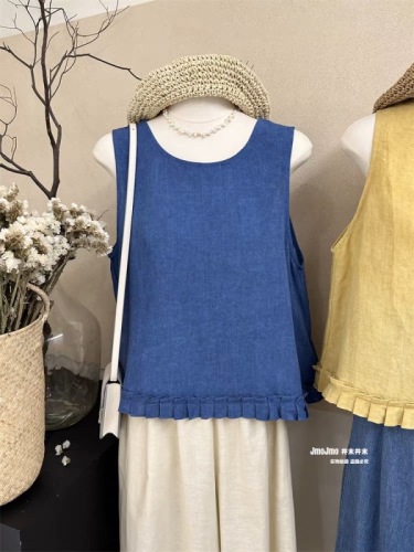 Designed hem fungus hem linen vest women's summer new loose slimming sleeveless top age-reducing doll shirt