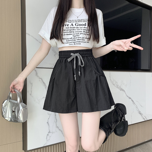 Elastic waist pink casual shorts for women summer new drawstring high waist loose a-line quick-drying wide-leg pants