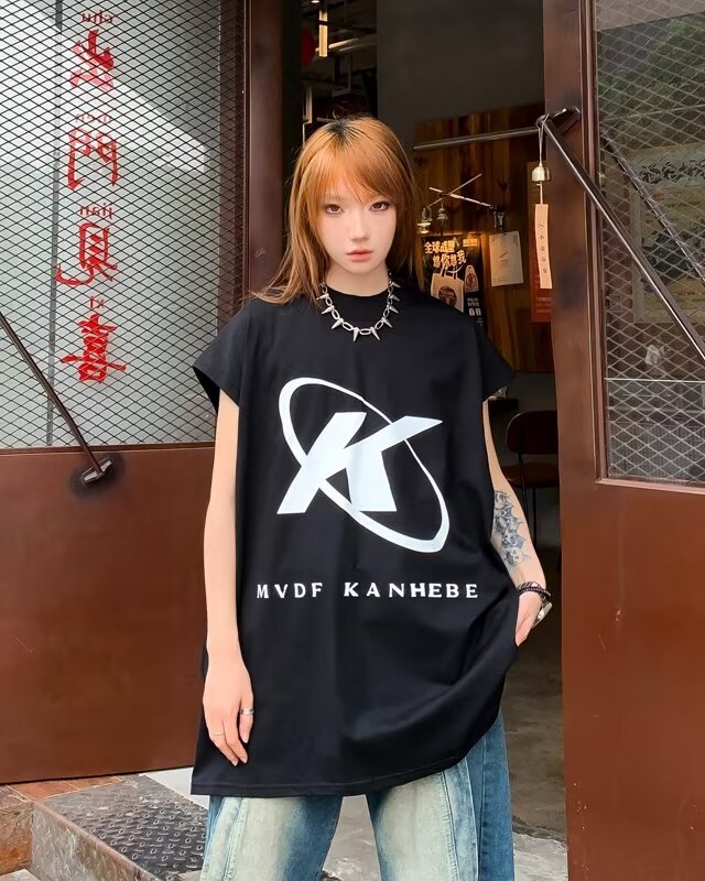 American high street retro letter printed vest women's trendy summer loose round neck sports sleeveless top