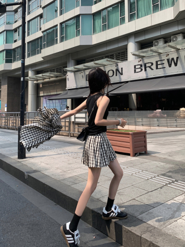 Korean style casual loose long-sleeved shirt sun protection clothing elastic waist slimming plaid pleated skirt short skirt for women