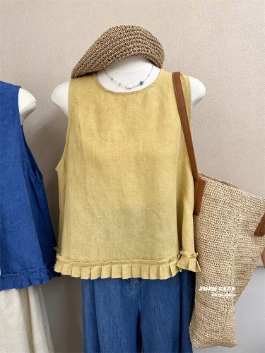 Designed hem fungus hem linen vest women's summer new loose slimming sleeveless top age-reducing doll shirt