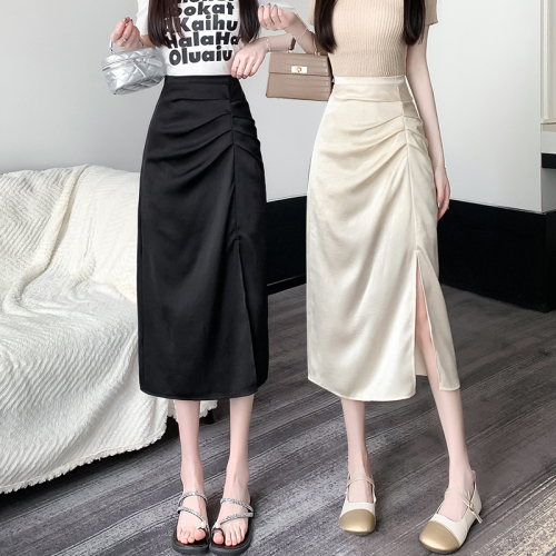 Video + Three Standards Korean Style Asymmetric Pleated Mid-Length Skirt Women's High Waist Casual Hip Covering Slit Skirt