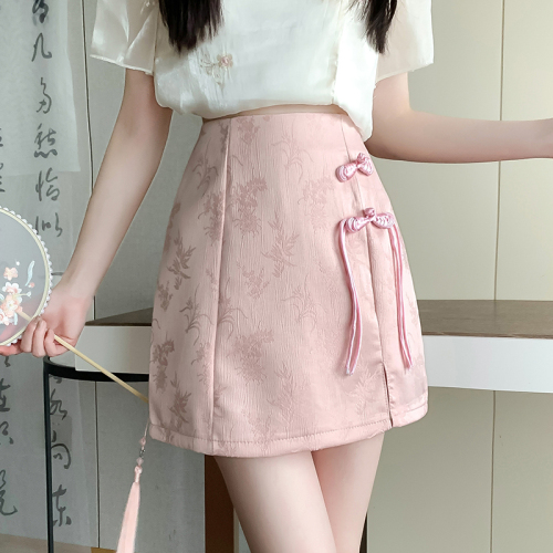 Video + Three-label retro ethnic style strappy A-line skirt for ladies with sweet crotch-covering solid color high-waisted skirt