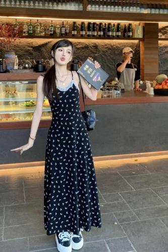 Real shot of bow printed lace suspender dress black skirt pure lust super slim long skirt a