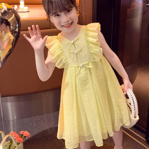 Summer 2024 new style children's internet celebrity princess dress little girl solid color sleeveless vest dress