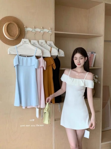 GS2024 new summer Korean version design ruffle suspender knitted skirt niche solid color sweet slim dress