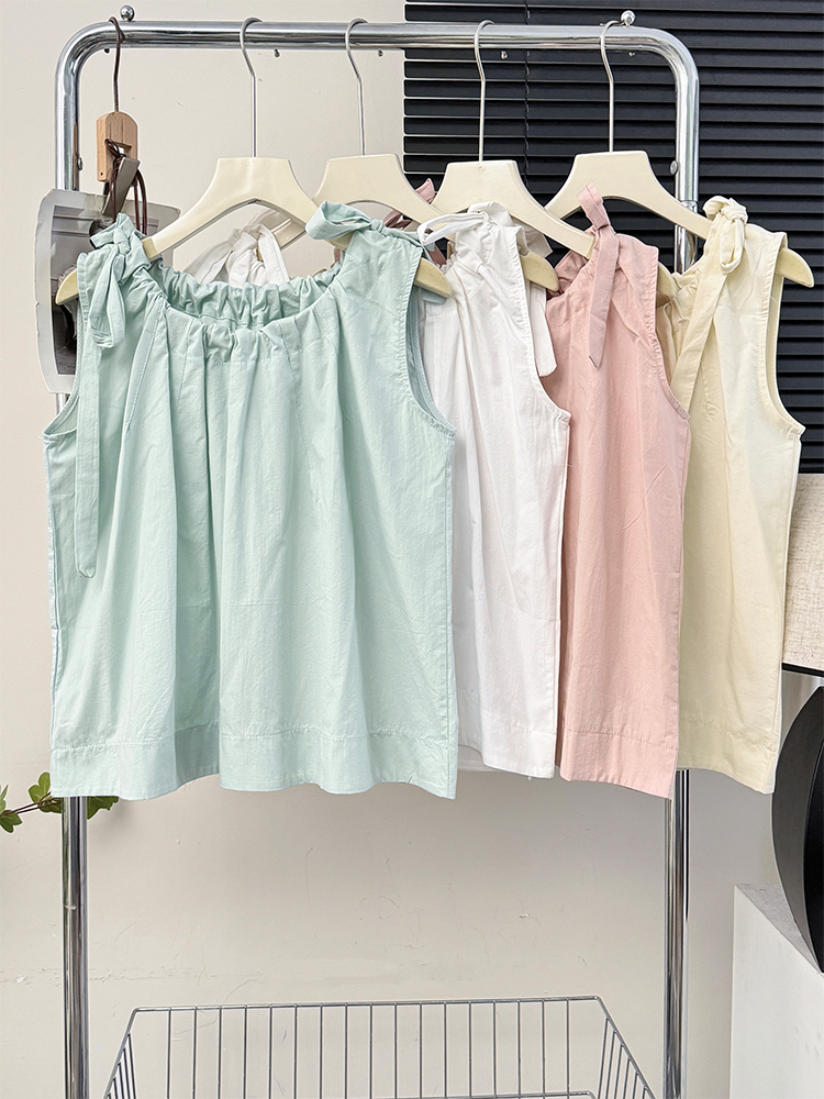 Sweet age-reducing women's summer 2024 new strappy vest with bow tie sleeveless loose top solid color shirt