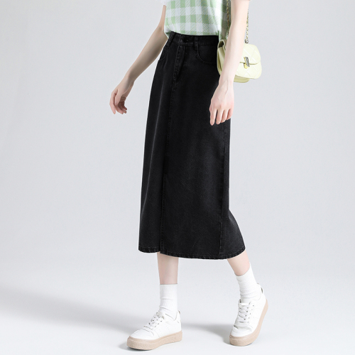 Real shot Lyocell Tencel mid-length skirt 2024 summer new black high-waisted semi-elastic slim and versatile skirt