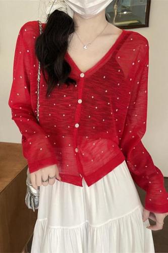 Actual shot of Korean linen ice silk polka dot sunscreen cardigan for women summer ultra-thin polka dot outer slimming top