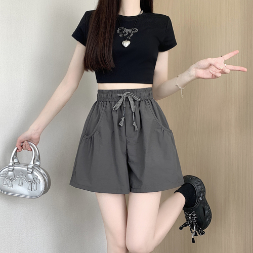 Elastic waist pink casual shorts for women summer new drawstring high waist loose a-line quick-drying wide-leg pants