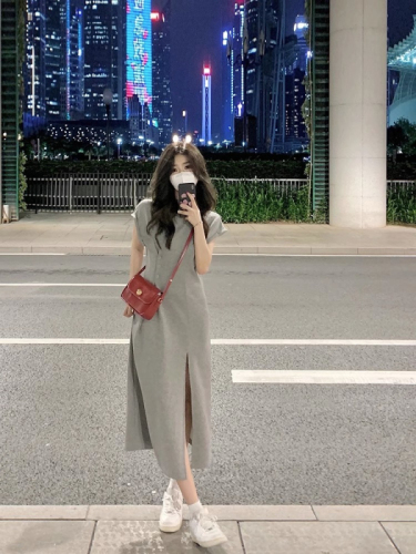 2024 new slimming niche design gray casual t-shirt dress summer women's slit long skirt