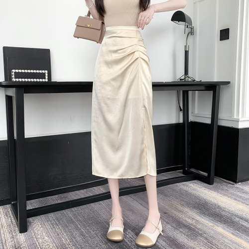 Video + Three Standards Korean Style Asymmetric Pleated Mid-Length Skirt Women's High Waist Casual Hip Covering Slit Skirt