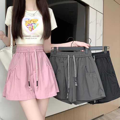 Elastic waist pink casual shorts for women summer new drawstring high waist loose a-line quick-drying wide-leg pants