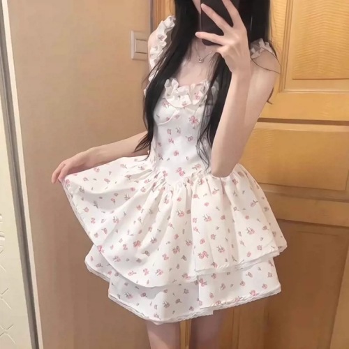 French white floral suspender dress for children summer 2024 new first love sweet waist princess tutu skirt