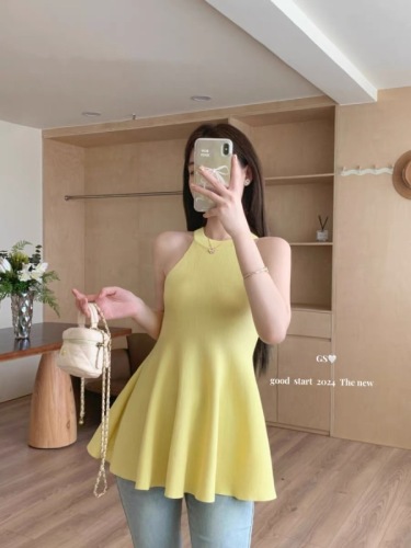 GS2024 summer Korean women's Korean style pure lust style figure slimming waist woolen halterneck fishtail short skirt dress