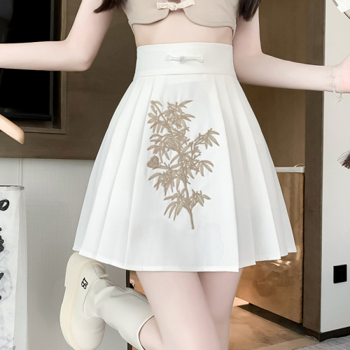 Video + Three Standards Niche Chinese Style Embroidered Skirt Women's High Waist Covering Hips and Slimming Pleated A-Line Skirt