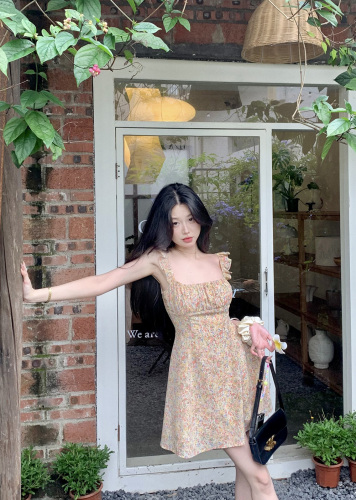 Actual shot ~ White and light yellow long and short short sleeve floral suspender dress for women