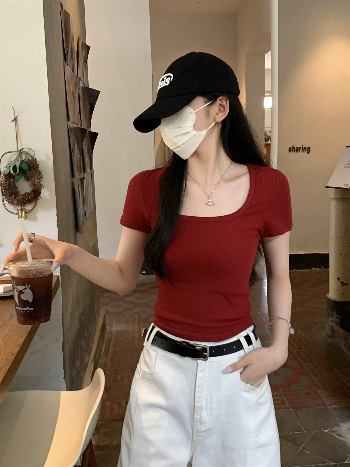 實拍 夏季韓版修身氣質方領正肩短款純色百搭短袖T恤上衣女
