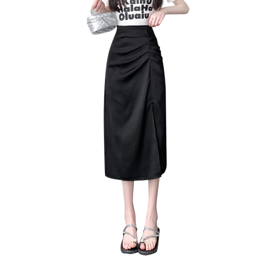 Video + Three Standards Korean Style Asymmetric Pleated Mid-Length Skirt Women's High Waist Casual Hip Covering Slit Skirt