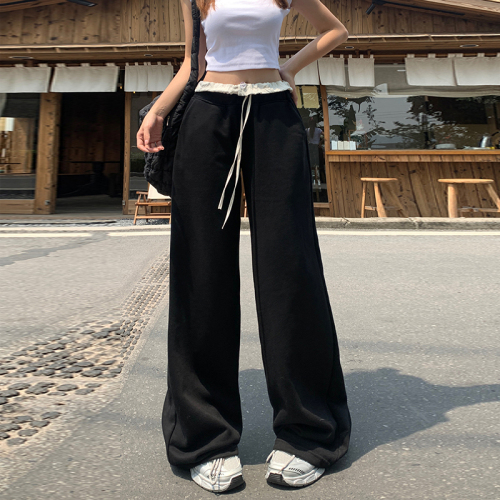 Actual shot of retro black spliced ​​loose wide-leg pants, drapey floor-length pants, straight-leg casual pants for women & longer trousers