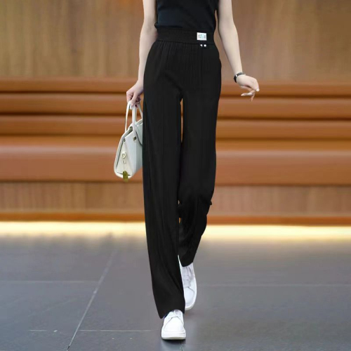 Ice silk high-waisted straight trousers for women in summer, thin, versatile and loose, middle-aged casual wide-leg pants for mothers