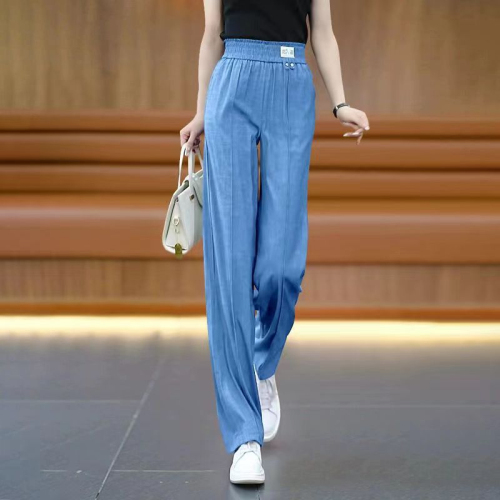 Ice silk high-waisted straight trousers for women in summer, thin, versatile and loose, middle-aged casual wide-leg pants for mothers